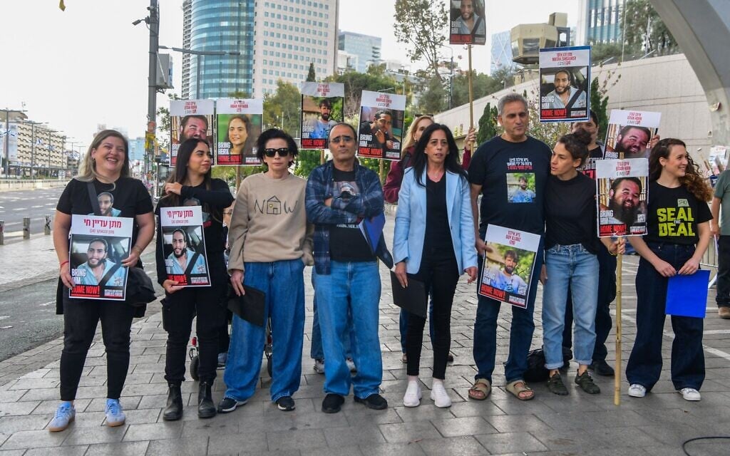 Families of Israelis held hostage in Gaza hold a press conference in Tel Aviv on March 29, 2025. (Avshalom Sassoni/Flash90)