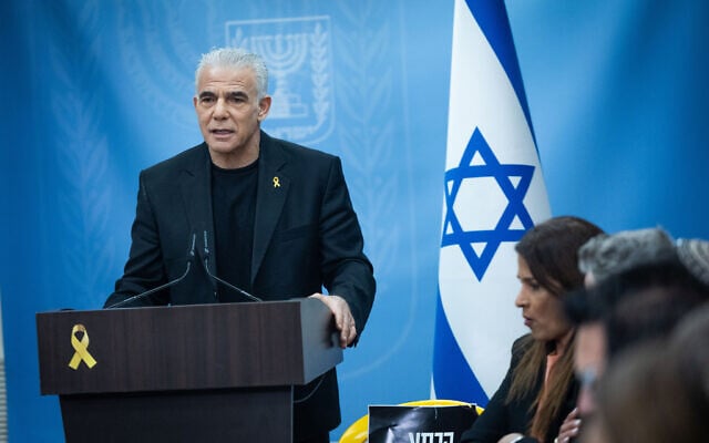 Yesh Atid leader Yair Lapid leads a faction meeting at the Knesset, the Israeli parliament in Jerusalem, on March 31, 2025 (Yonatan Sindel/Flash90) Yesh Atid leader Yair Lapid leads a faction meeting at the Knesset, the Israeli parliament in Jerusalem, on March 31, 2025 (Yonatan Sindel/Flash90)