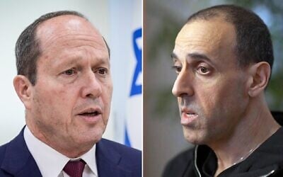 (L) Economy Minister Nir Barkat at his office in Tel Aviv, June 27, 2024 (Avshalom Sassoni/Flash90) and (R) Eli Sharabi is interviewed on Channel 12's 'Uvda' program, in a segment aired on February 27, 2025. (Channel 12/screenshot)