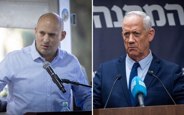 (L) Former prime minister Naftali Bennett at a memorial at Mount Herzl military cemetery in Jerusalem, December 25, 2024 (Chaim Goldberg/Flash90) and R National Unity Party MK Benny Gantz leads a faction meeting at the Knesset on March 24, 2025 (Yonatan Sindel/Flash90) (L) Former prime minister Naftali Bennett at a memorial at Mount Herzl military cemetery in Jerusalem, December 25, 2024 (Chaim Goldberg/Flash90) and R National Unity Party MK Benny Gantz leads a faction meeting at the Knesset on March 24, 2025 (Yonatan Sindel/Flash90)