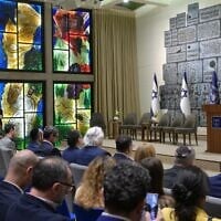 President Isaac Herzog speaks to Jewish leaders at his residence in Jerusalem on March 26, 2025 ((Amos Ben Gershom/GPO)