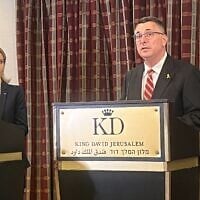 Foreign Minister Gideon Sa'ar (right) with EU foreign policy chief Kaja Kallas in Jerusalem, March 24, 2025. (Lazar Berman/The Times of Israel)