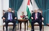 Palestinian Authority President Mahmoud Abbas, right, meets with Jibril Rajoub, the head of the Palestinian Football Association, in the West Bank city of Ramallah on June 7, 2018. (Thaer Ganaim/APA Images/ZUMA Wire/Alamy Live News)