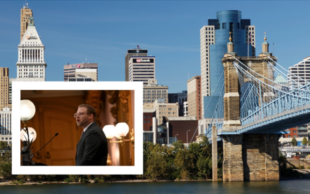 The skyline of Cincinnati (Getty Images via JTA); inset: Rabbi Ari Jun. (Courtesy)