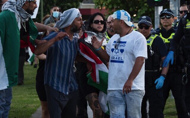 Tense exchanges take place between pro-Israel protesters and pro-Palestinian protesters in Melbourne, Australia, Nov. 10, 2023. (Alex Zucco/SOPA Images/LightRocket via Getty Images via JTA) Tense exchanges take place between pro-Israel protesters and pro-Palestinian protesters in Melbourne, Australia, Nov. 10, 2023. (Alex Zucco/SOPA Images/LightRocket via Getty Images via JTA)