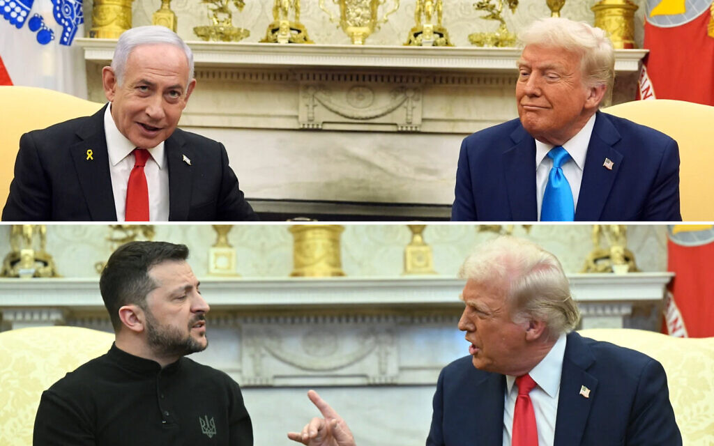 Composite image - Top: US President Donald Trump, right, meets with Prime Minister Benjamin Netanyahu in the Oval Office of the White House, in Washington, February 4, 2025. (AP Photo/Evan Vucci);
Bottom: US President Donald Trump and Ukraine's President Volodymyr Zelensky meet in the Oval Office of the White House in Washington, DC, February 28, 2025 (SAUL LOEB / AFP) Composite image - Top: US President Donald Trump, right, meets with Prime Minister Benjamin Netanyahu in the Oval Office of the White House, in Washington, February 4, 2025. (AP Photo/Evan Vucci);
Bottom: US President Donald Trump and Ukraine's President Volodymyr Zelensky meet in the Oval Office of the White House in Washington, DC, February 28, 2025 (SAUL LOEB / AFP)