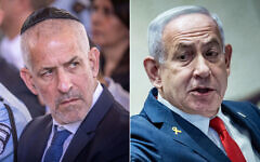 L: Shin Bet chief Ronen Bar at Mount Herzl military cemetery in Jerusalem on October 27, 2024. (Chaim Goldberg/Flash90), R: Prime Minister Benjamin Netanyahu at the Knesset in Jerusalem on March 3, 2025. (Chaim Goldberg/Flash90)