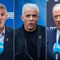 A composite image shows The Democrats chair Yair Golan (L), Opposition Leader and Yesh Atid chair Yair Lapid (C), and National Unity leader Benny Gantz (R), leading their respective faction meetings at the Knesset on March 17, 2025. (All photos by Yonatan Sindel/Flash90)