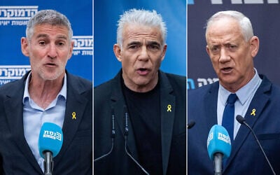 A composite image shows The Democrats chair Yair Golan (L), Opposition Leader and Yesh Atid chair Yair Lapid (C), and National Unity leader Benny Gantz (R), leading their respective faction meetings at the Knesset on March 17, 2025. (All photos by Yonatan Sindel/Flash90)