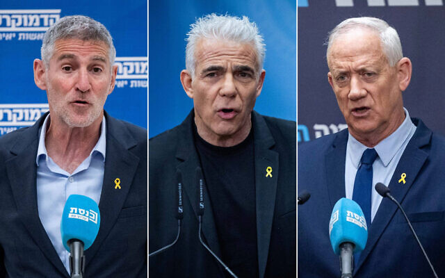 A composite image shows The Democrats chair Yair Golan (L), Opposition Leader and Yesh Atid chair Yair Lapid (C), and National Unity leader Benny Gantz (R), leading their respective faction meetings at the Knesset on March 17, 2025. (All photos by Yonatan Sindel/Flash90) A composite image shows The Democrats chair Yair Golan (L), Opposition Leader and Yesh Atid chair Yair Lapid (C), and National Unity leader Benny Gantz (R), leading their respective faction meetings at the Knesset on March 17, 2025. (All photos by Yonatan Sindel/Flash90)