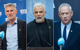 L to R: The Democrats chair Yair Golan, Opposition Leader Yair Lapid, and National Unity chair Benny Gantz. (Flash90)