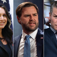 L to R: US Intelligence Director Tulsi Gabbard in New Delhi, India, on March 17, 2025. (India Government Information Office), US Vice President JD Vance in Washington, March 10, 2025. (AP Photo/Mark Schiefelbein), US Defense Secretary Pete Hegseth in Washington, March 21, 2025. (AP Photo/Mark Schiefelbein)