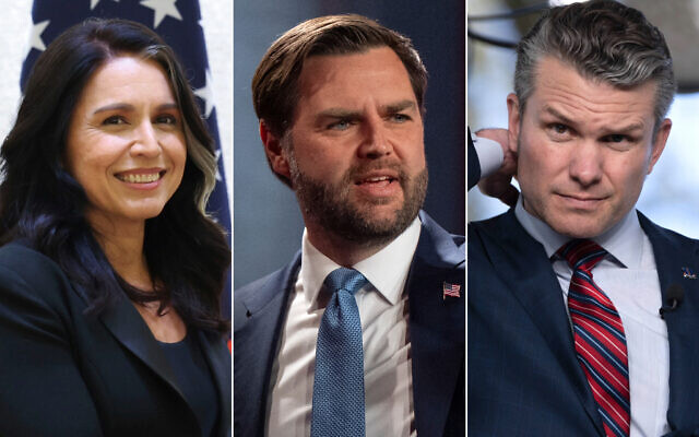 L to R: US Intelligence Director Tulsi Gabbard in New Delhi, India, on March 17, 2025. (India Government Information Office), US Vice President JD Vance in Washington, March 10, 2025. (AP Photo/Mark Schiefelbein), US Defense Secretary Pete Hegseth in Washington, March 21, 2025. (AP Photo/Mark Schiefelbein)