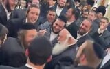Housing Minister Yitzchak Goldknopf dances with other attendants at his nephew's wedding, March 23, 2025. (Screenshot: X; used in accordance with Clause 27a of the Copyright Law)