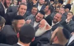 Housing Minister Yitzchak Goldknopf dances with other attendants at his nephew's wedding, March 23, 2025. (Screenshot: X; used in accordance with Clause 27a of the Copyright Law)