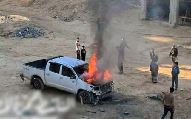 A Toyota pickup truck ablaze in Gaza after an IDF raid, March 24, 2025. (X, used in accordance with clause 27a of the copyright law) A Toyota pickup truck ablaze in Gaza after an IDF raid, March 24, 2025. (X, used in accordance with clause 27a of the copyright law)