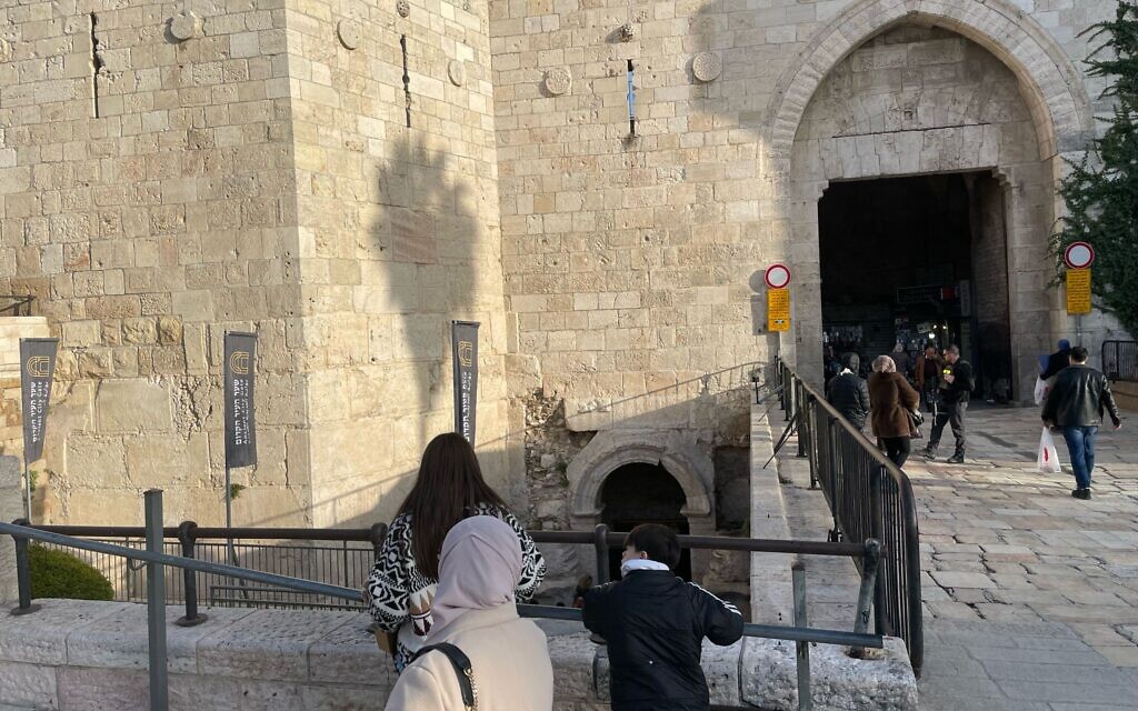 An archaeological site under Jerusalem’s Damascus Gate (right) featuring a 2nd century CE Roman gate (left) and plaza dating was opened to the public on February 26, 2025. (Rossella Tercatin/Times of Israel)