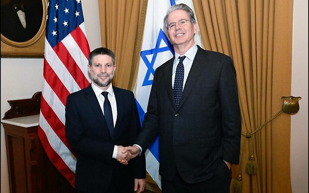 Finance Minister Bezalel Smotrich (L) and US Treasury Secretary Scott Bessent meet in Washington on March 5, 2025. (Finance Ministry)