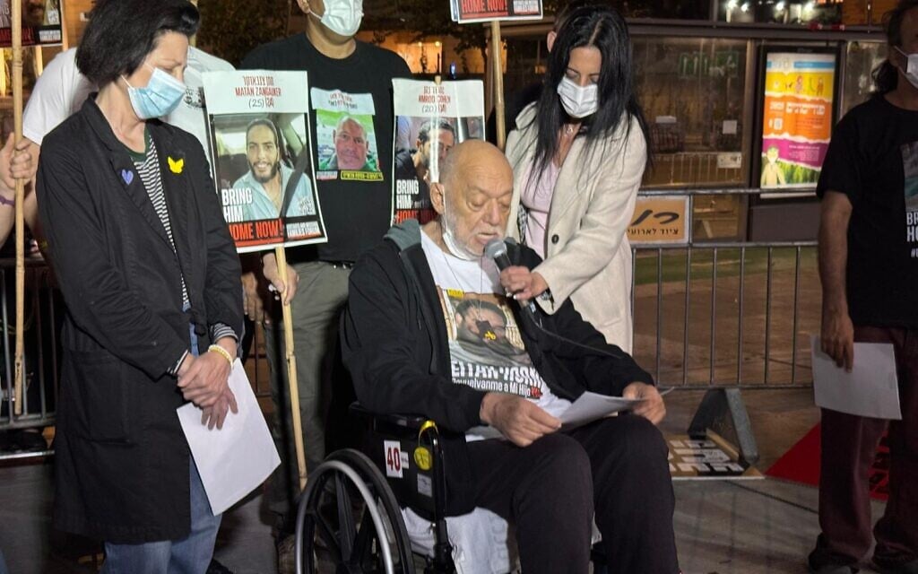 This handout photo shows Itzik Horn, whose son Eitan is held by Hamas terrorists in Gaza, giving a statement to the press alongside other relatives of captives, in Tel Aviv on March 15, 2025. (Rani Graff/Pro-Democracy Protest Movement)