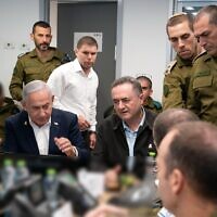 Defense Minister Israel Katz , center right, during an assessment with Prime Minister Benjamin Netanyahu, IDF Chief of Staff Lt. Gen. Eyal Zamir, and other officials on March 18, 2025. (Ariel Hermoni/Defense Ministry)