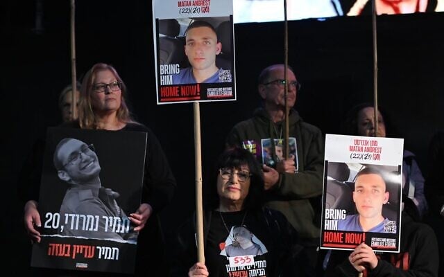 Herut Nimrodi, far left, at the most recent Saturday night rally for the hostages on March 22, 2025 at Tel Aviv's Hostages Square (Lior Rotstein) Herut Nimrodi, far left, at the most recent Saturday night rally for the hostages on March 22, 2025 at Tel Aviv's Hostages Square (Lior Rotstein)