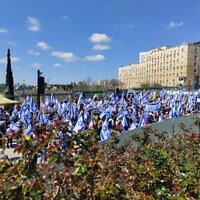 Thousands of protesters gather outside the Knesset in Jerusalem as the cabinet meets to discuss a motion of no-confidence in Attorney General Gali Baharav-Miara, March 23, 2025. (Yifat Yogev/Pro-Democracy Protest Movement)