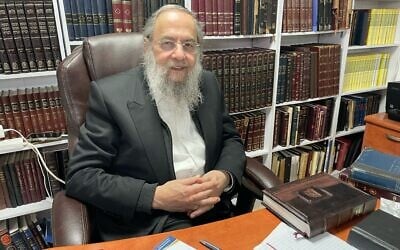 Rabbi David Leybel, founder of Achvat Torah, in his Jerusalem office, March 2025. (Rossella Tercatin/Times of Israel)