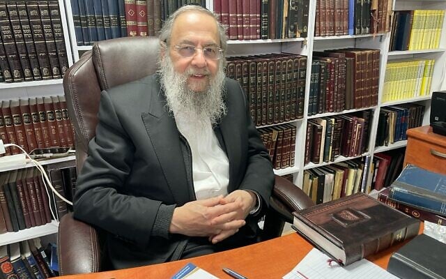 Rabbi David Leybel, founder of Achvat Torah, in his Jerusalem office, March 2025. (Rossella Tercatin/Times of Israel)