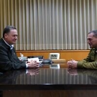 Defense Minister Israel Katz meets with IDF Chief of Staff Lt. Gen. Eyal Zamir at the Defense Ministry, March 25, 2025. (Ariel Hermoni/Defense Ministry)