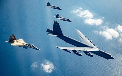 Israeli Air Force F-15I and F-35I fighter jets fly alongside a US B-52 bomber during a drill on March 4, 2025. (Israel Defense Forces)