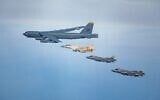 Israeli Air Force F-15I and F-35I fighter jets fly alongside a US B-52 bomber during a drill on March 4, 2025. (Israel Defense Forces)