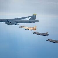 Israeli Air Force F-15I and F-35I fighter jets fly alongside a US B-52 bomber during a drill on March 4, 2025. (Israel Defense Forces)