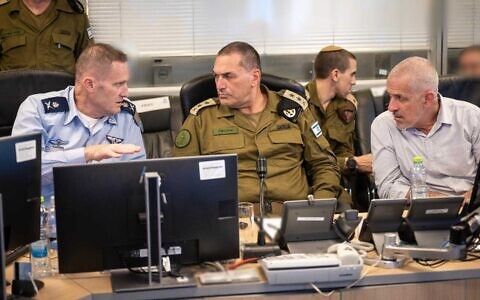 IDF Chief of Staff Lt. Gen. Eyal Zamir, center, Shin Bet head Ronen Bar, right, and chief of the Israeli Air Force Maj. Gen. Tomer Bar at the IAF's underground command center at the military headquarters in Tel Aviv, March 18, 2025. (IDF)