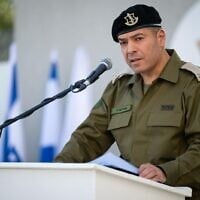 Incoming IDF Spokesman Brig. Gen. Effie Defrin speaks at a handover ceremony at an army base in Tel Aviv, March 27, 2025. (Israel Defense Forces)