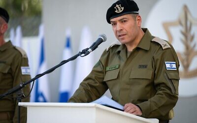 Incoming IDF Spokesman Brig. Gen. Effie Defrin speaks at a handover ceremony at an army base in Tel Aviv, March 27, 2025. (Israel Defense Forces)