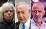 L to R: Attorney General Gali Baharav-Miara at the President's Residence in Jerusalem, February 13, 2025. (Yonatan Sindel/Flash90); Prime Minister Benjamin Netanyahu at the District Court in Tel Aviv, before the start of his testimony in the trial against him, March 12, 2025. (Tomer Appelbaum/POOL); Shin Bet chief Ronen Bar at the National Police Academy in Beit Shemesh, on July 14, 2024. (Chaim Goldberg/Flash90)