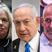 L to R: Attorney General Gali Baharav-Miara at the President's Residence in Jerusalem, February 13, 2025. (Yonatan Sindel/Flash90); Prime Minister Benjamin Netanyahu at the District Court in Tel Aviv, before the start of his testimony in the trial against him, March 12, 2025. (Tomer Appelbaum/POOL); Shin Bet chief Ronen Bar at the National Police Academy in Beit Shemesh, on July 14, 2024. (Chaim Goldberg/Flash90)