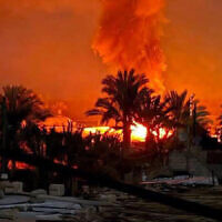 A fire at a tent encampment west of Khan Younis following Israeli strikes on March 18, 2025. (Screen capture; used in accordance with Clause 27a of the Copyright Law)