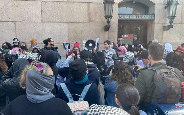 Protesters at Columbia University in New York City, March 14, 2025. (Luke tress/Times of Israel)