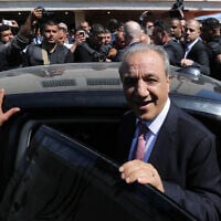 Palestinian Authority intelligence chief Majed Faraj arrives at the inauguration ceremony of a waste treatment plant in the northern Gaza Strip on March 13, 2018. (Ashraf Amra/APA Images via ZUMA Wire)