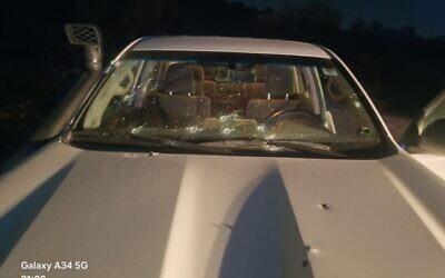 A car that came under fire in a shooting attack near the West Bank settlement of Ariel, March 12, 2025. (Samaria Regional Council)