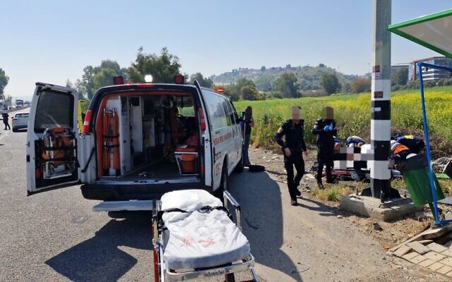 Paramedics on the scene of a terror attack near Yokne'am, March 24, 2025. (MDA spokesperson)