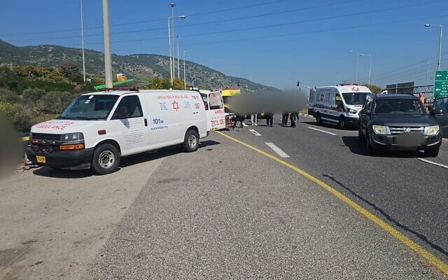 Paramedics on the scene of a terror attack near Yokne'am, March 24, 2025. (MDA Spokesperson)