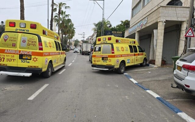 Ambulances at the scene of an incident in Kafr Qasim in which 3 teenagers were found unresponsive, with signs of having been poisoned, March 28, 2025. (Magen David Adom) Ambulances at the scene of an incident in Kafr Qasim in which 3 teenagers were found unresponsive, with signs of having been poisoned, March 28, 2025. (Magen David Adom)