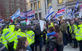 Members of London's Jewish community protest outside the launch of the book “Understanding Hamas: And Why That Matters" at the London School of Economics, March 10, 2025. (X video screenshot: used in accordance with Clause 27a of the Copyright Law)