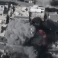 An Israeli airstrike, captured in footage published by the military, targets a building in Damascus, Syria, alleged to be a Palestinian Islamic Jihad nerve center. (Screenshot: Israel Defense Forces)