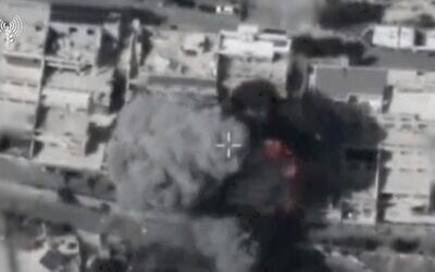 An Israeli airstrike, captured in footage published by the military, targets a building in Damascus, Syria, alleged to be a Palestinian Islamic Jihad nerve center. (Screenshot: Israel Defense Forces)