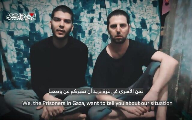Hostages Yosef-Haim Ohana (left) and Elkana Bohbot seen in a Hamas propaganda video released on March 24, 2025. (Screenshot) Hostages Yosef-Haim Ohana (left) and Elkana Bohbot seen in a Hamas propaganda video released on March 24, 2025. (Screenshot)