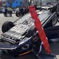 A flipped Audi pictured at the scene of a deadly collision in south Brooklyn on March 29, 2025 (X screenshot, used in accordance with clause 27a of the copyright law)