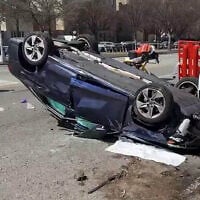 A flipped Audi pictured at the scene of a deadly collision in south Brooklyn on March 29, 2025 (X screenshot, used in accordance with clause 27a of the copyright law)